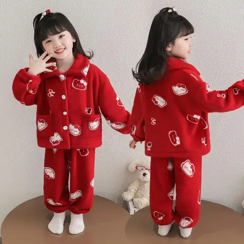 Sanrio Hello Kitty Autumn Pajama Set Two Pieces Slim Fit Tops Pants Girl Child Kawaii Anime Cartoon New Fashion Casual Home Wear