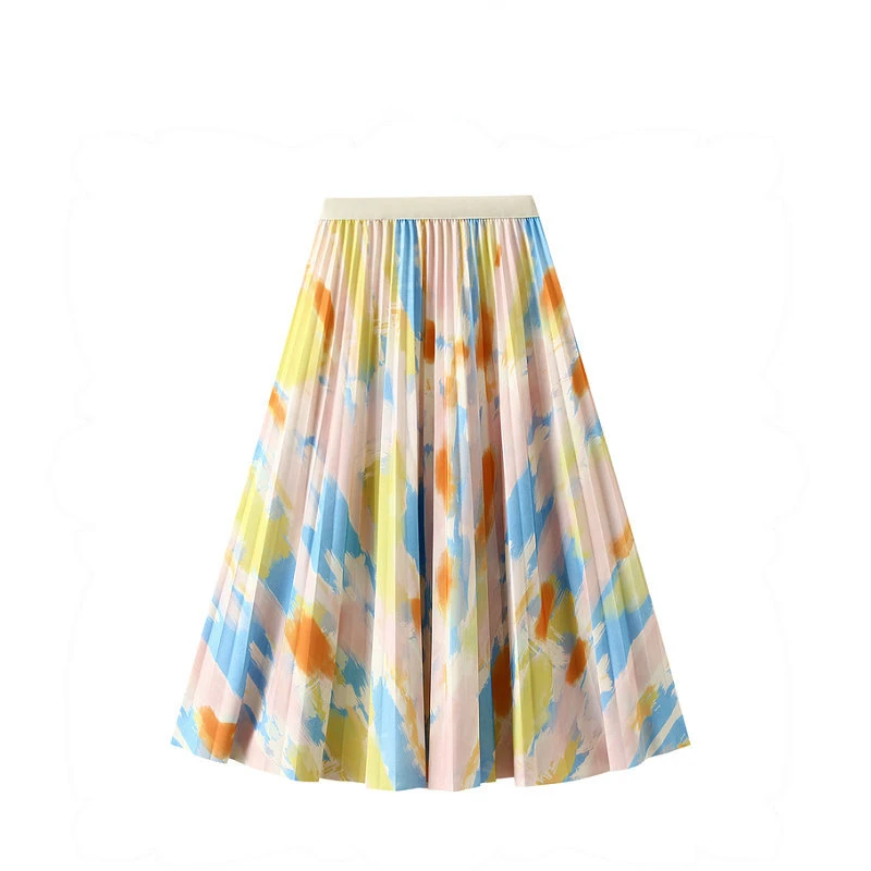 

2023 Summer High Waist A- line Draped Mid-Length Slim Skirt Women Colorful Printed Pleated Skirt Women's