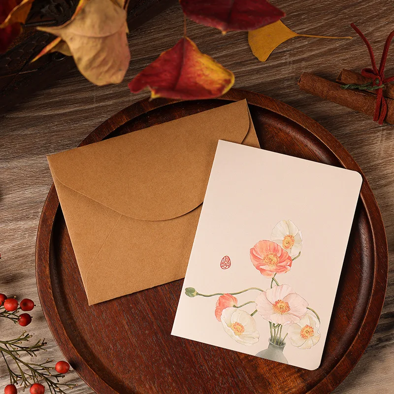Floral Chinese Vintage Style Greeting Invitation Cards 10pcs/set 8.5x11.5cm Wedding Gift Card with Kraft Envelope