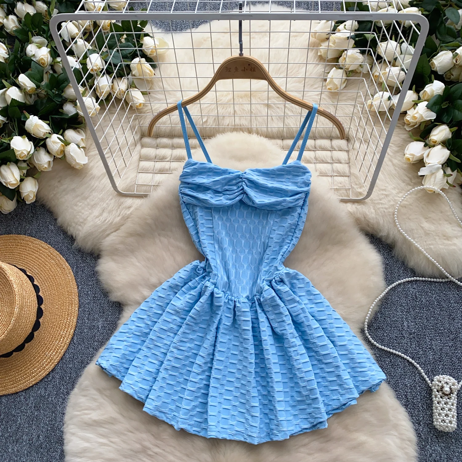

Vintage Elegant pleated slip sweet Dress A-line Casual Women Fashion Summer Spring Beach sexy Dresses