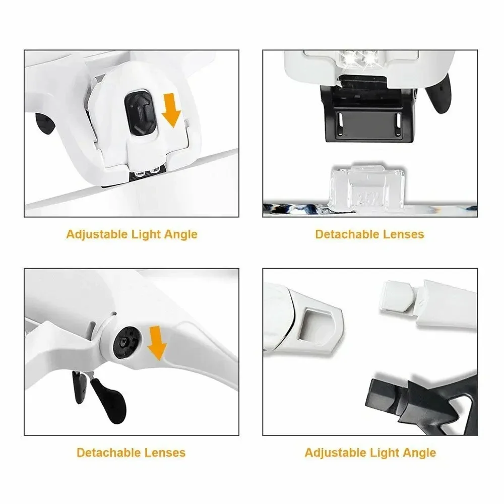 돋보기 LED 헤드 루페(5개 렌즈 포함)(1.0X-3.5X) 보석상 시계 수리용 광학 도구용 밝은 조명 확대경