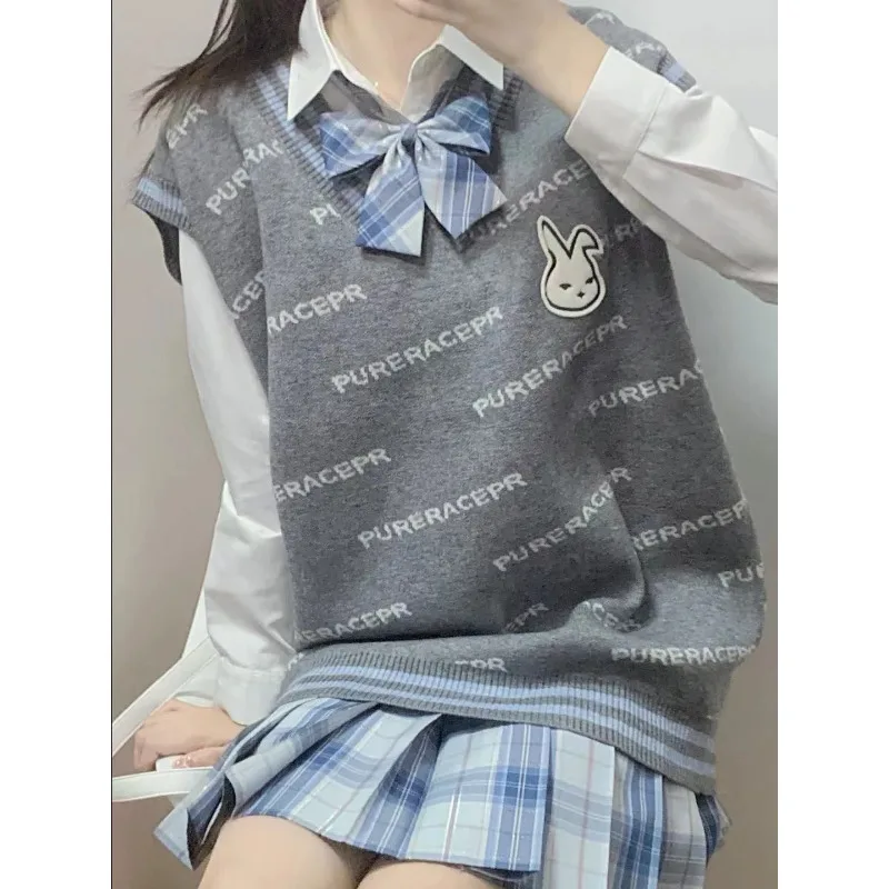 

Preppy Style Rabbit Sweater Vest Women Jk Oversize Letter Print Kawaii Knitted Top Female Japanese Striped Jumper