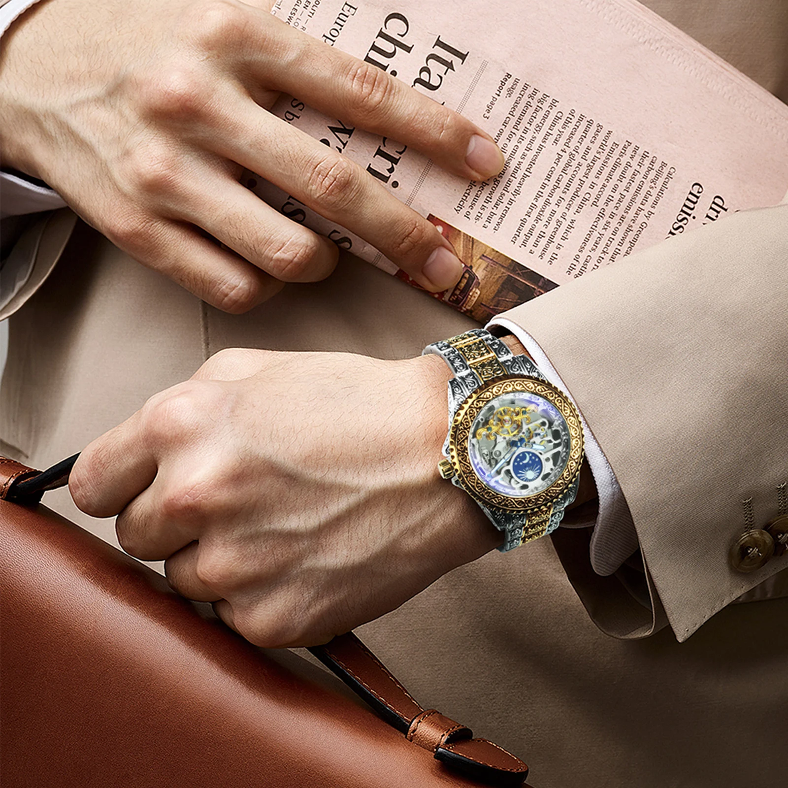 Mechanical watch WINNER Luxury moon phase tourbillon skeleton mechanical watches Gold engraved automatic men watch stainless steel strap luminous