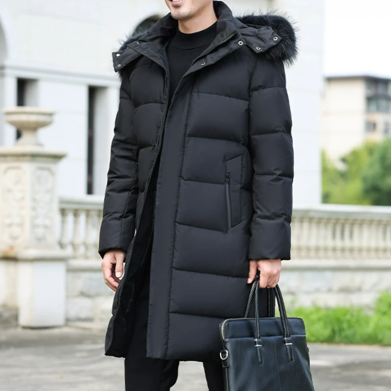 Winter Fur Collar Down Jacket Men's Luxury Business Thickened Warm White Duck Down Coat Men Casual Long Cold-proof Hooded Parka