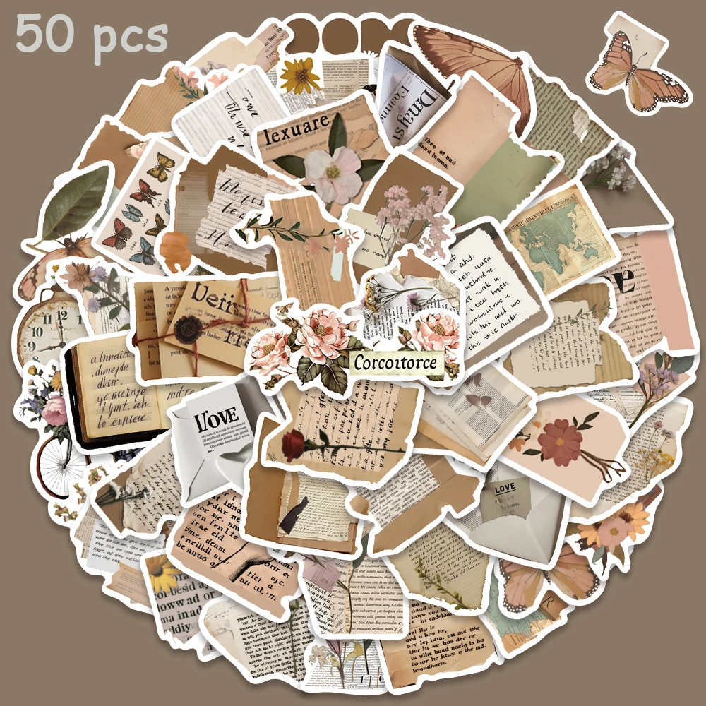 50pcs Vintage Book Flower Envelope Stickers Aesthetic Graffiti Decals For Laptop Bike Scrapbooking Stationery Cars Stickers 50pcs wholesale bronzing gold heart candy pear mini envelope colorful greeting card scrapbooking gift brown envelopes 10 7cm