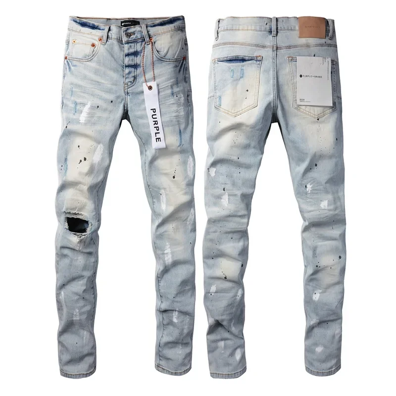 New Fashion 2024 Slim 1:1 Jeans Purple Brand Fall and Winter Jeans High  Street Blue Hole Worn Wash - AliExpress