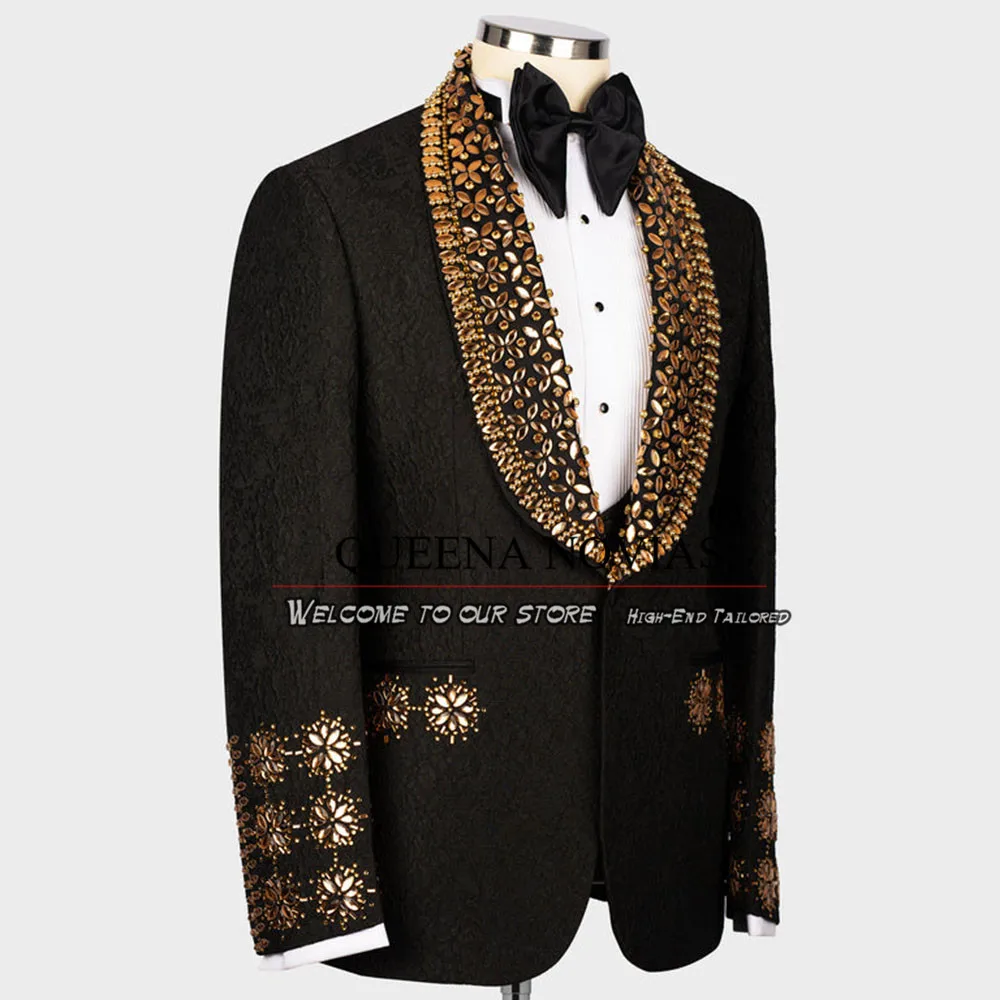 Boy Golden Diamond Stone Suits Formal Party Shawl Lapel Jacquard Jacket Vest Pants 3 Pieces Children Tuxedo Tailored Kid&rsquo;s Dress