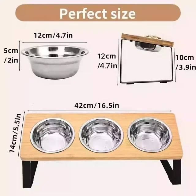 Elevated Cat Bowls - Set of 2/3 stainless steel Pet Food Bowls with Wooden & Metal Stand - 15 degree tilt Cat accessories 4