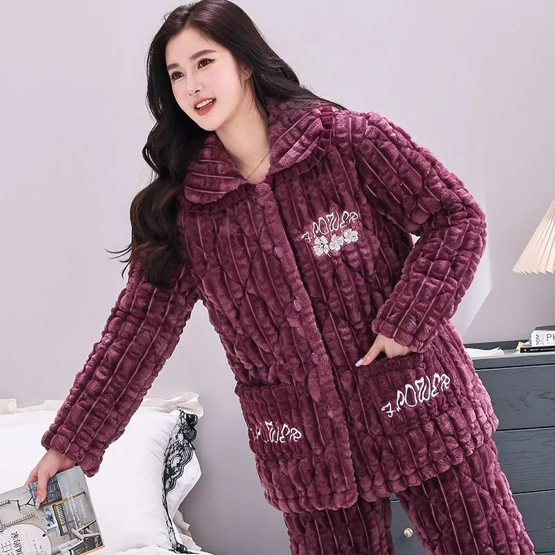 2023 New Pajama Women's Winter Autumn Thickened Fleece Cotton Loungewear Middle-aged Elderly Three-layer Mother's Homewear Set