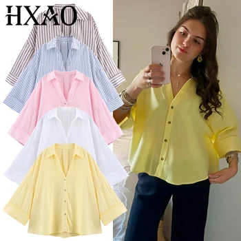 HXAO Women's Shirt Oversized Blouse Summer Shirt & Blouse Yellow Pink White Striped Shirt Elegant Large Size Long Sleeve Shirts 1