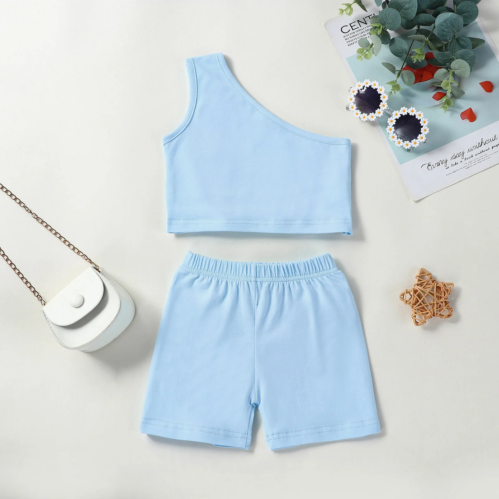 New Fashion 2PCS Baby Girls Summer Outfits One Shoulder Sleeveless Tank Tops + Shorts Set Toddler Clothes 6 Months-4 Years
