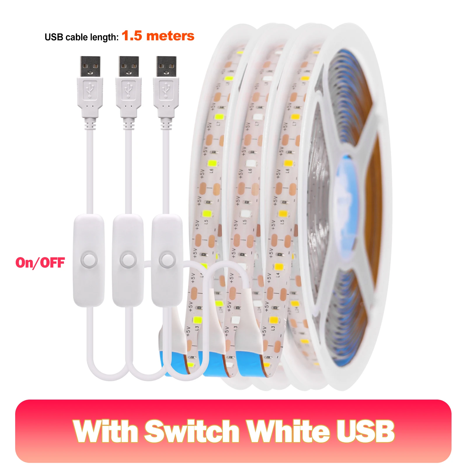 ตัวเลือกสินค้า LED Strip Light 60LEDs 1/3/5M สีขาวอุ่น-ฟ้า ปรับสว่างได้ กันน้ำ