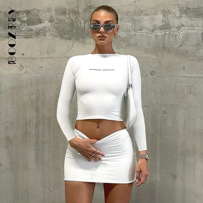 

BoozRey 2022 Autumn Letter Print Long-sleeve Slim Top Mini Skirt Suit 2 Piece Skirt Set Women Outfit Solid Sexy Streetwear