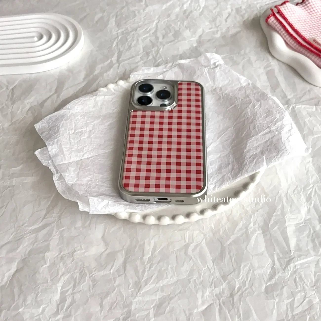 Korean Red Grid Electroplating Drip Glue Phone Case - Y2K Inspired Cover