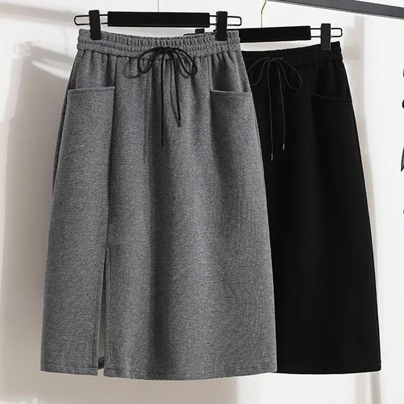 

Fashion Side Split A-Line Skirt Women Casual Drawstring Pockets Black Gray Midi Skirt Female 2024 High Waist Thin Cozy Skirts