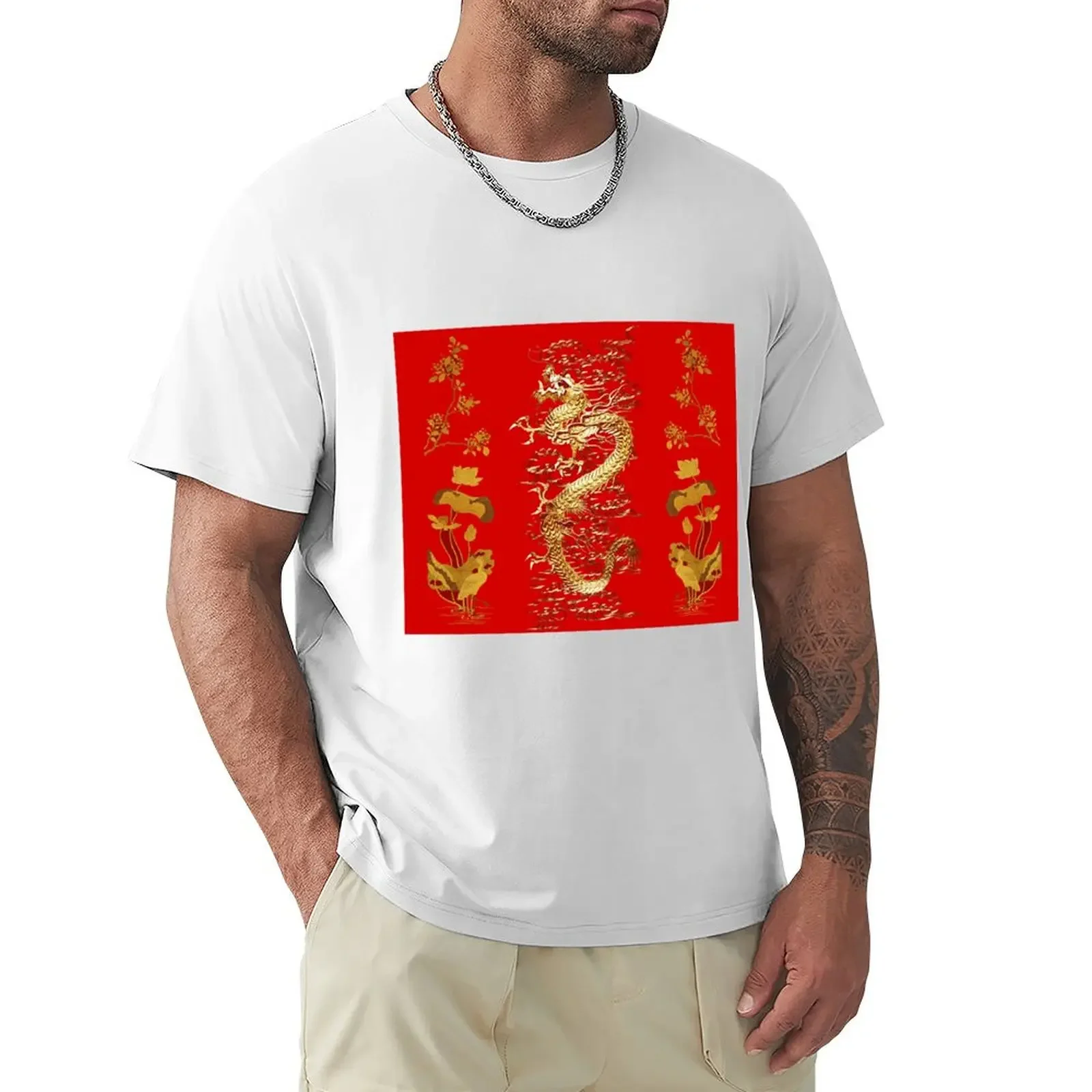 Gold Dragon In Red,Egret,Lotus,Green Gold Floral T-Shirt Hippie Clothes Graphics Oversize Mens T-Shirt Pack