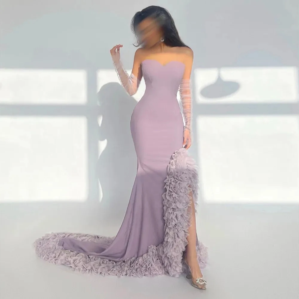 

Романтичное платье для выпускного фиолетового цвета, шифоновое вечернее платье, сексуальные платья без бретелек, без рукавов, с рюшами, элегантное платье для торжества