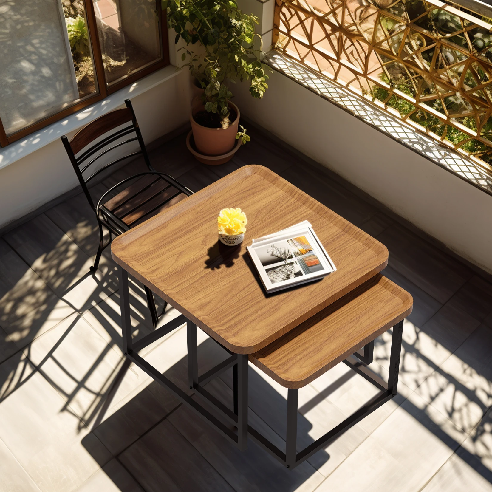 Nora Modular Nesting Side Table Set stacked together in a minimalist apartment