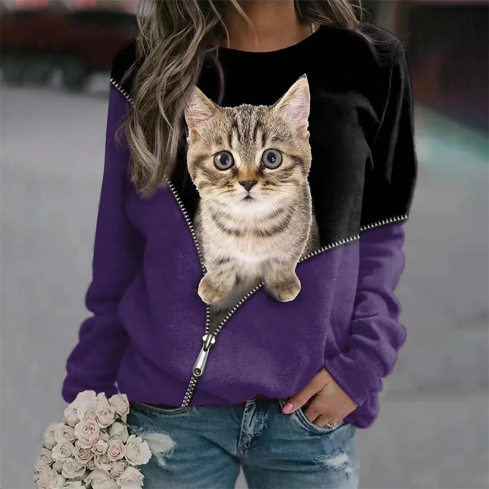 Camisola de manga comprida estampada para gato feminina, Hoodies