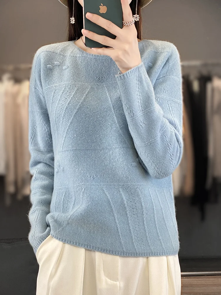 

New Chic Women Sweater Autumn Winter Office Lady O-neck Pullover 100% Merino Wool Long Sleeve Cashmere Knitwear Female Clothing