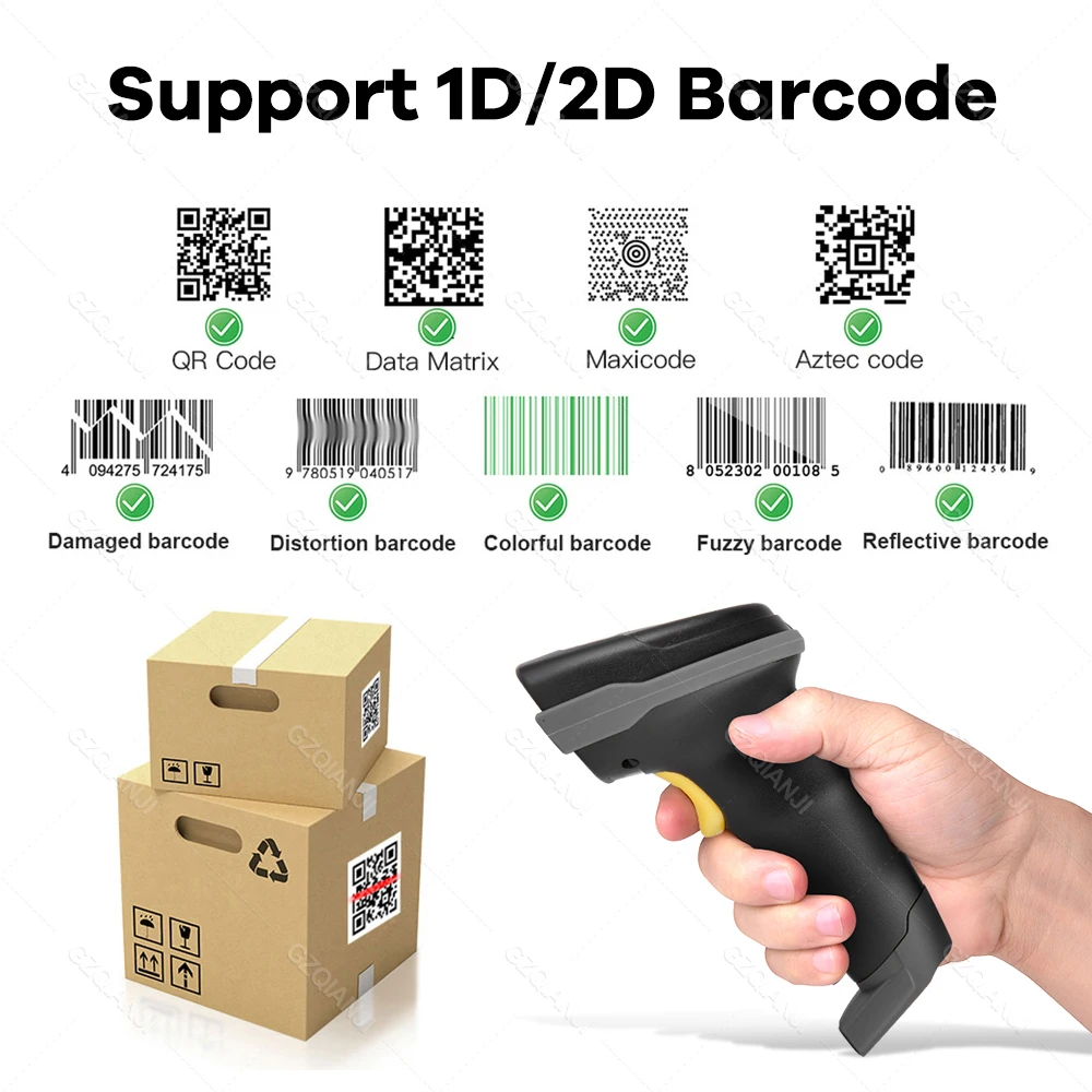 1D/2D Barcode Scanner 2.4G Wireless Bluetooth USB Compatible QR Bar code Reader for POS Inventory Supermarket Mobile Screen