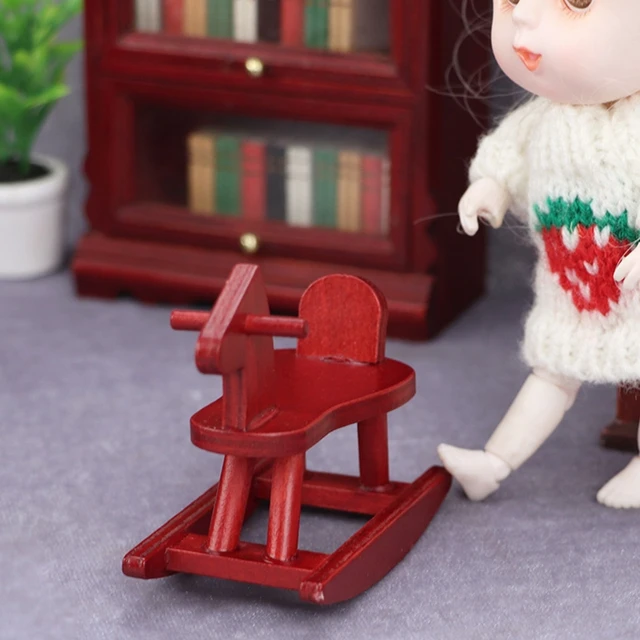Mini Portable Dollhouse Ride on Horse Decoration Wooden Rocking Horse  1/12 Size  5