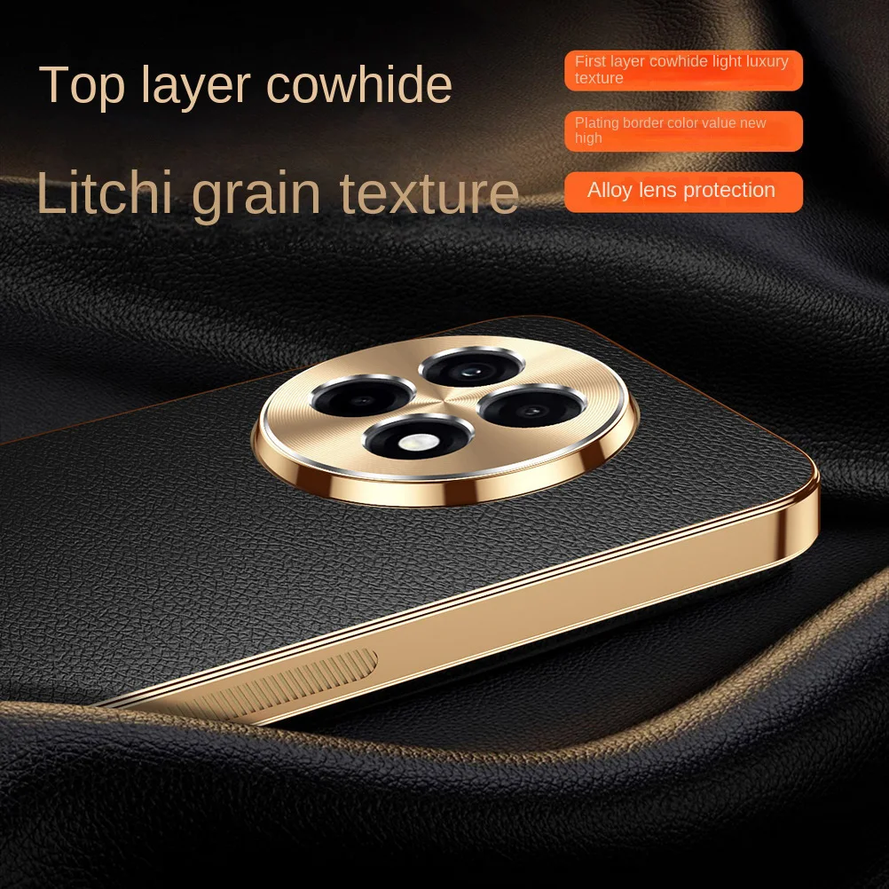 Premium Cowhide Lychee Texture Electroplated Frame Case with Lens Protection