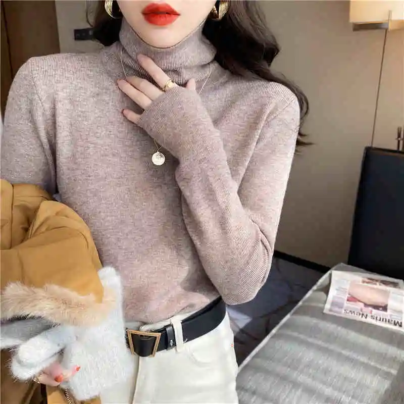 New Autumn and Winter Women's Turtleneck Long-sleeved Sweater Elegant Slim-fitting Knitwear Bottoming Shirt Solid Color Top