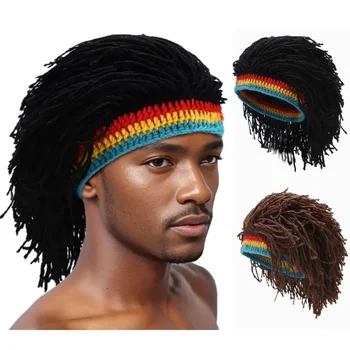 Women Men Synthetic Wig Knitted False Braid Dreadlock Cap Handmade Crochet Beanie Hat African Jamaica Cosplay Party Hip Hop Hat 1