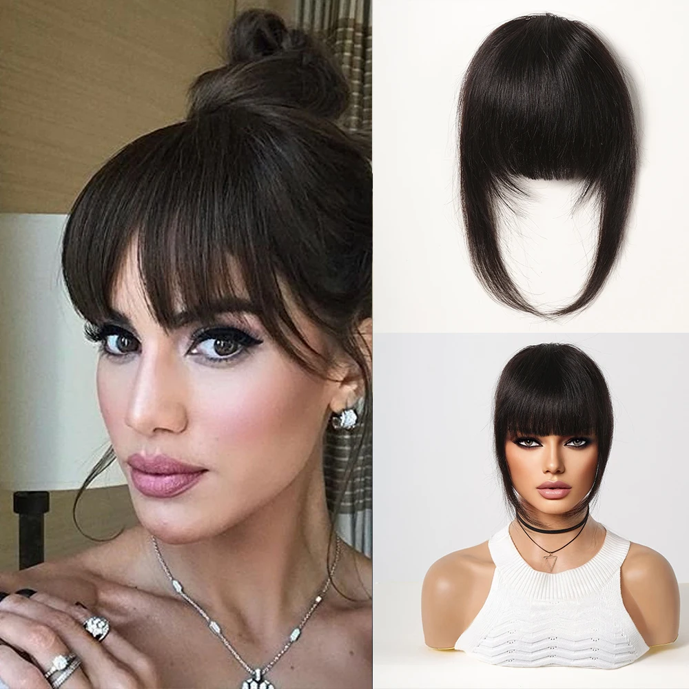 Human Hair Toppers Human Hair Fringe Bangs Natural Black Remy Human Hair Bangs Full Extensions Clips in Hairpieces for Women Daily Use