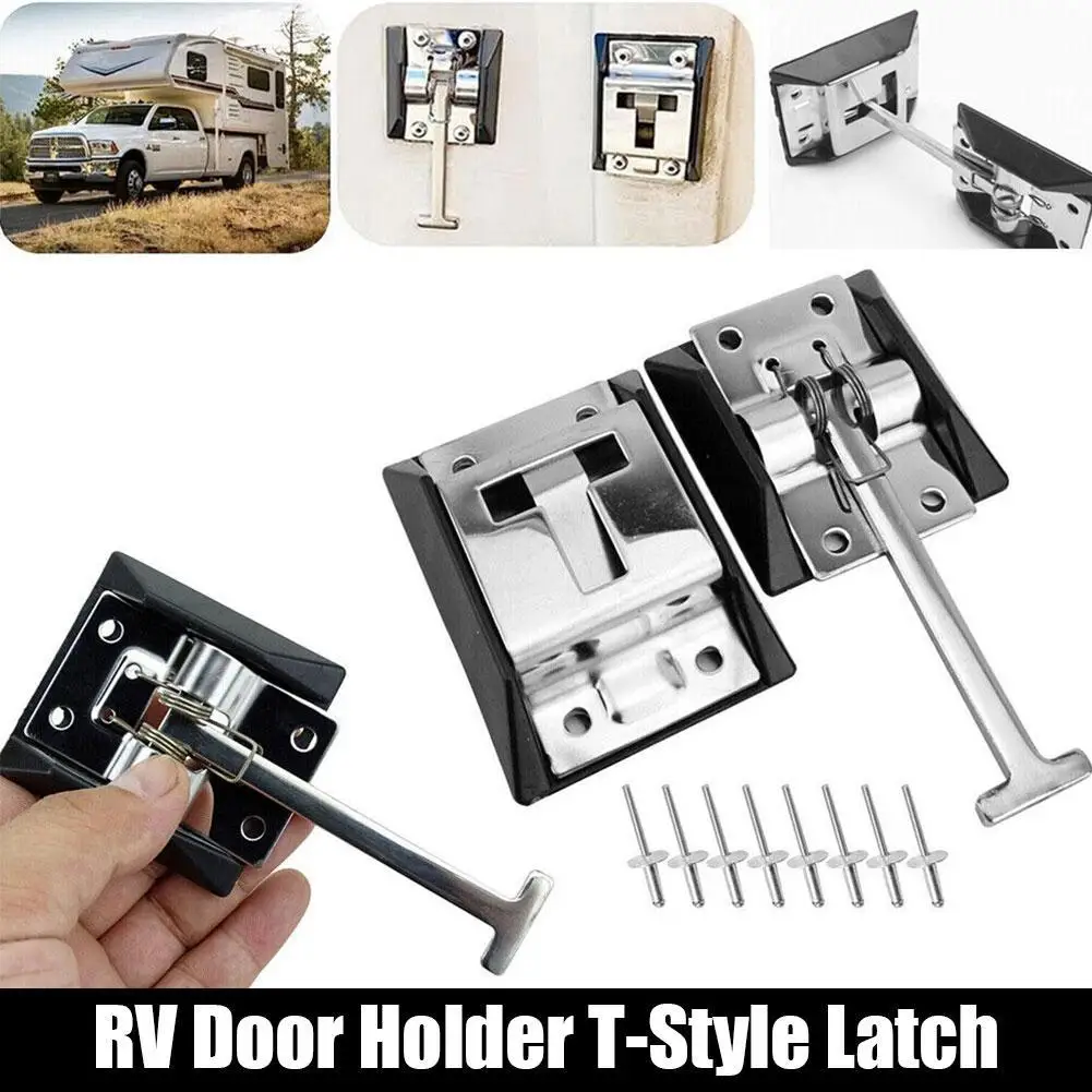 RV Door Holder T-Style Latch Camper Trailer Entry Stainless Steel With Rivets Outdoor Truck Motorhome Cargo Easy Install camper door retainer rv door holder durable camper door latch t shape door stopper easy to install for motorhome caravan boat