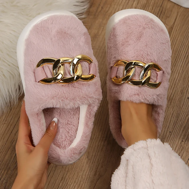 Furry White Slippers Womens Gold Chain Mules Shoes For Home Woman Winter  Indoor Thick Sole Fur Slides Female Wife House Slippers - AliExpress
