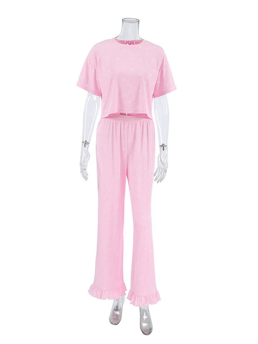 Marthaqiqi Summer Women Nightwear Suit O-Neck Sleepwear Short Sleeve Nightgowns Crop Top Pajama Pants Ladies Nightie 2 Piece Set