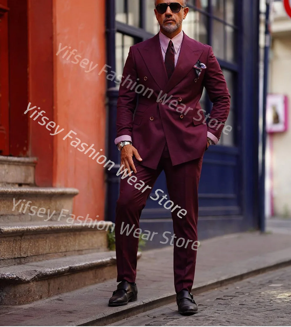 

Burgundy Man's Suit Elegant Sets Luxury Clothing Designer Boyfriend Slim Fit Male Blazer Wedding Ceremony Dress Double Breasted