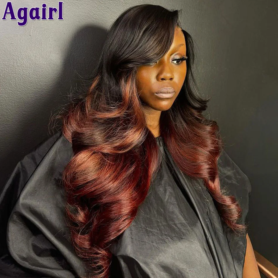 

Black Root Ombre Reddish Brown Glueless Body Wave Human Hair Wig Transparent Lace 13X4 13X6 Front Wig PrePlucked 6X4 Closure Wig
