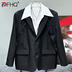 PFHQ Men's New Single Breasted Strap Suit Jackets Korean Style Handsome High Quality Pockets Male Summer Outdoor Blazers 21Z4475