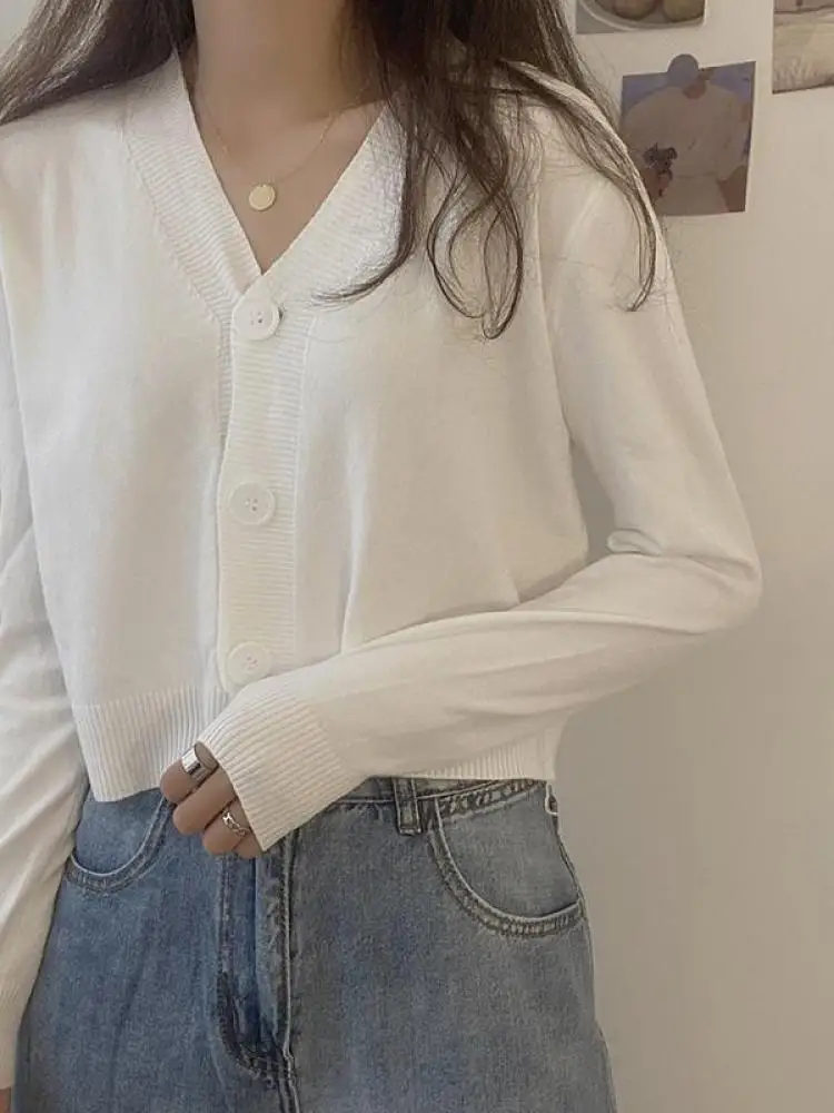 بلوفر نسائي بأزرار وأكمام طويلة ورقبة V ، كارديجان محبوك ، بلوزة قصيرة ، ملابس نسائية ، ملابس الشارع النحيف ، أحادي اللون ، الخريف ، الشتاء 2