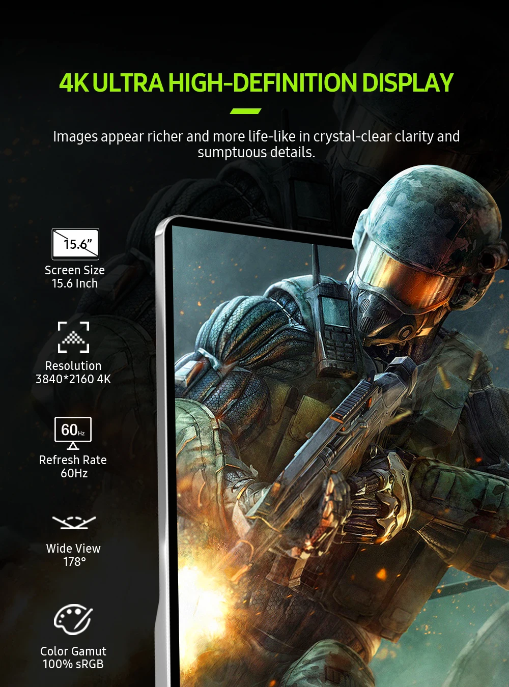 EVICIV 4K 휴대용 모니터 15.6 3840x2160 UHD USB-C HDMI 100% Adobe RGB IPS 3ms FreeSync 컴퓨터 게임 디스플레이 노트북 PC PS5 Xbox Switch