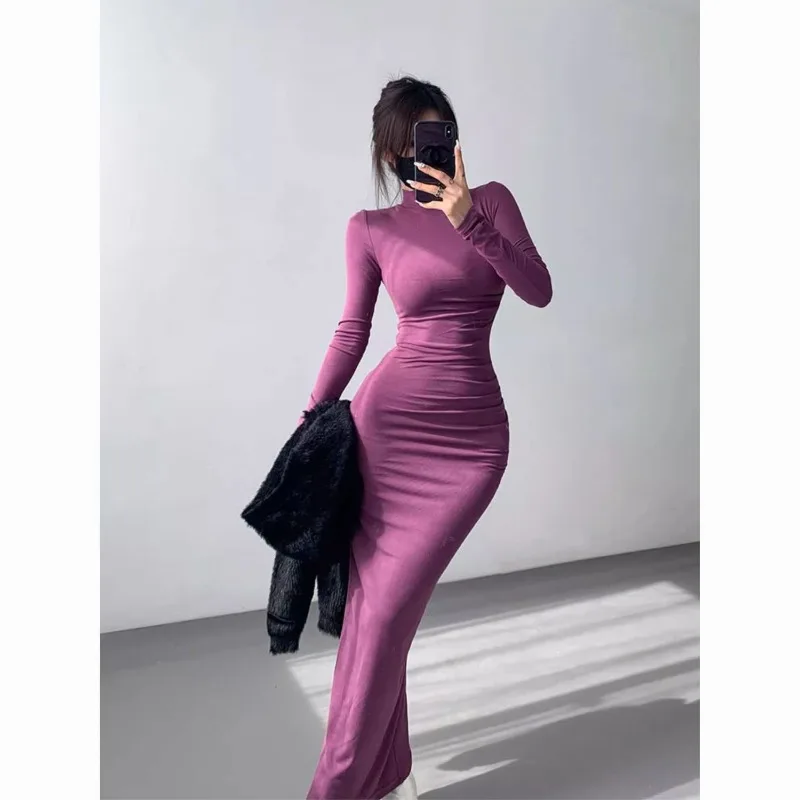 

Sexy Women's High Collar Wrap Hip Dress Lady Slim Fitted Autumn Winter Long Sleeve Pencil Dress