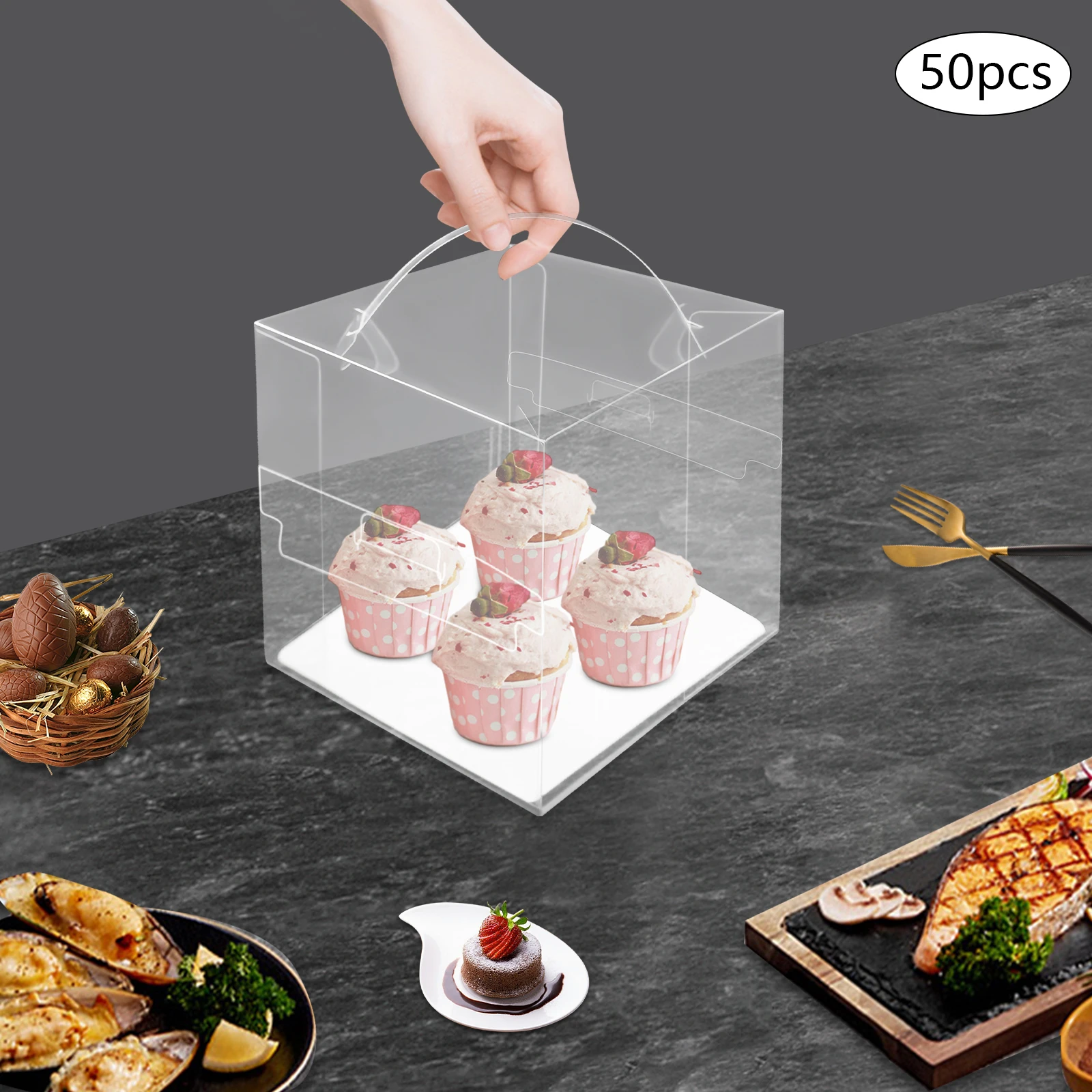 50pcs Clear PET Square Cake Boxes with Handles, 13x13x13cm Assembly Required, Food-Safe... - SKU CPCB1120 - UGI Packaging