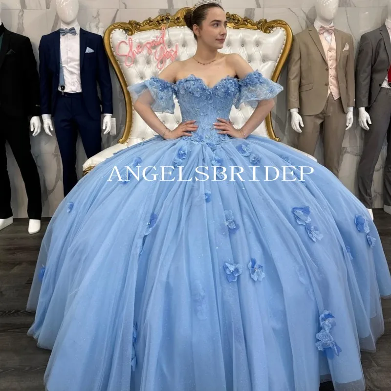 

Angelsbridep светильник Голубое Бальное платье принцессы с бисером для 15-летних девушек платье для девушек с 3D цветами Vestidos De 15 лет