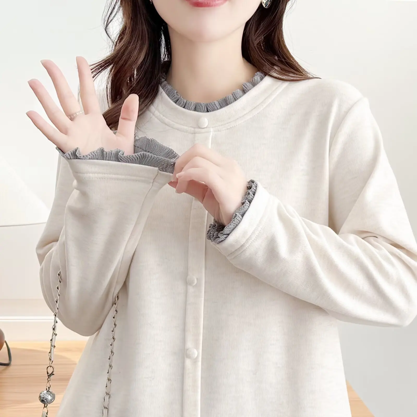 XXXXL Fashion Plus Size Women's T-Shirt Autumn Winter Fake 2 Pieces Casual Warm Wear Ruffled Collar Long Sleeved Base Tops 2550