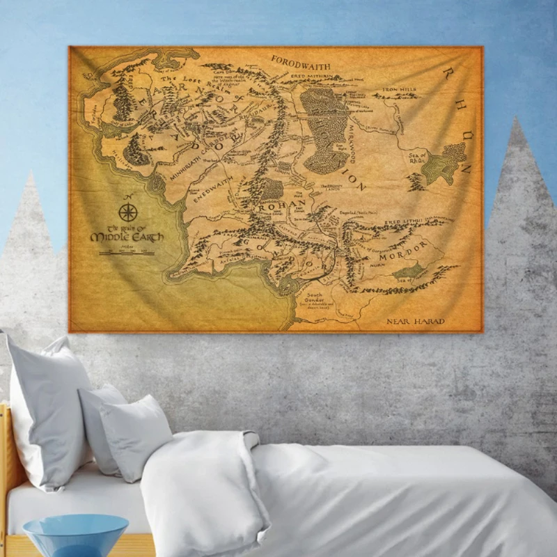 1 Pcs The Rings Middle Earth Map Antique Pirate Treasure Hippie Boho Golden Island Carpet College Dorm Decoration Tapestry