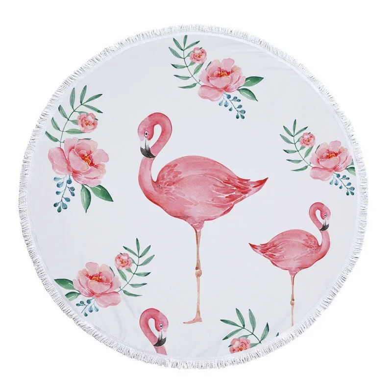Flamingo Plants Pattern Large Round 150cm Beach Towel For Adults Wall Hanging Microfiber Bath Towel With Tassel Throw Yoga Mat 3