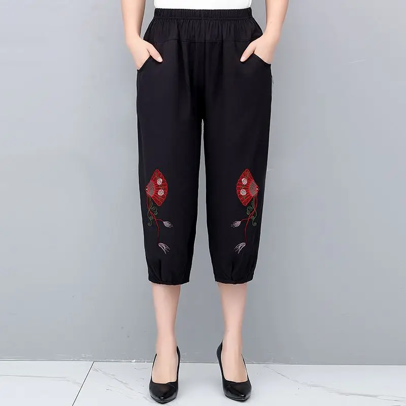 Summer New Women's Cotton Linen Embroidered Pants Black Embroidery Elastic High Waist Pockets Casual Versatile Straight Trousers mens men s studded design slant pockets drawstring daily streetwear beam feet jeans m black