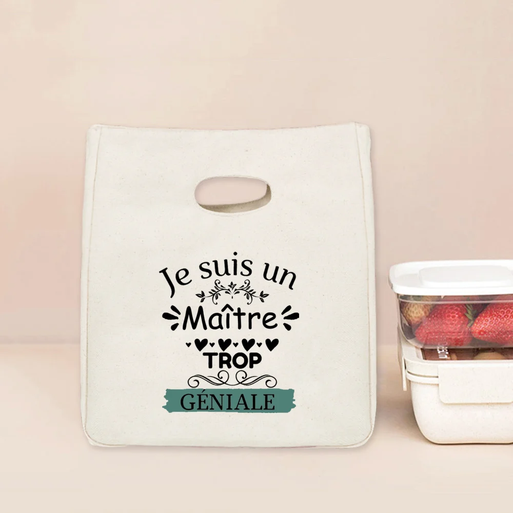 Merci Maitre French Print Lunch Cooler Bag Portable Insulated Canvas Bento Tote Thermal School Food Storage Bags Teacher Gifts