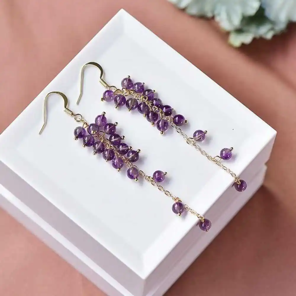 

6MM Natural Amethyst Beads Earrings Grapes Hook Chain Eardrop Thanksgiving Easter VALENTINE'S DAY Diy Mother's Day Christmas