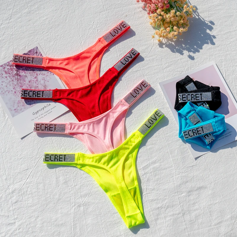 Women Swimsuit Bottoms Women Swimming Trunks Bikini Panties Shiny Rhinestone Sexy Swimsuits Lingerie Low Rise Nylon Female G-string Neon Color Bottom