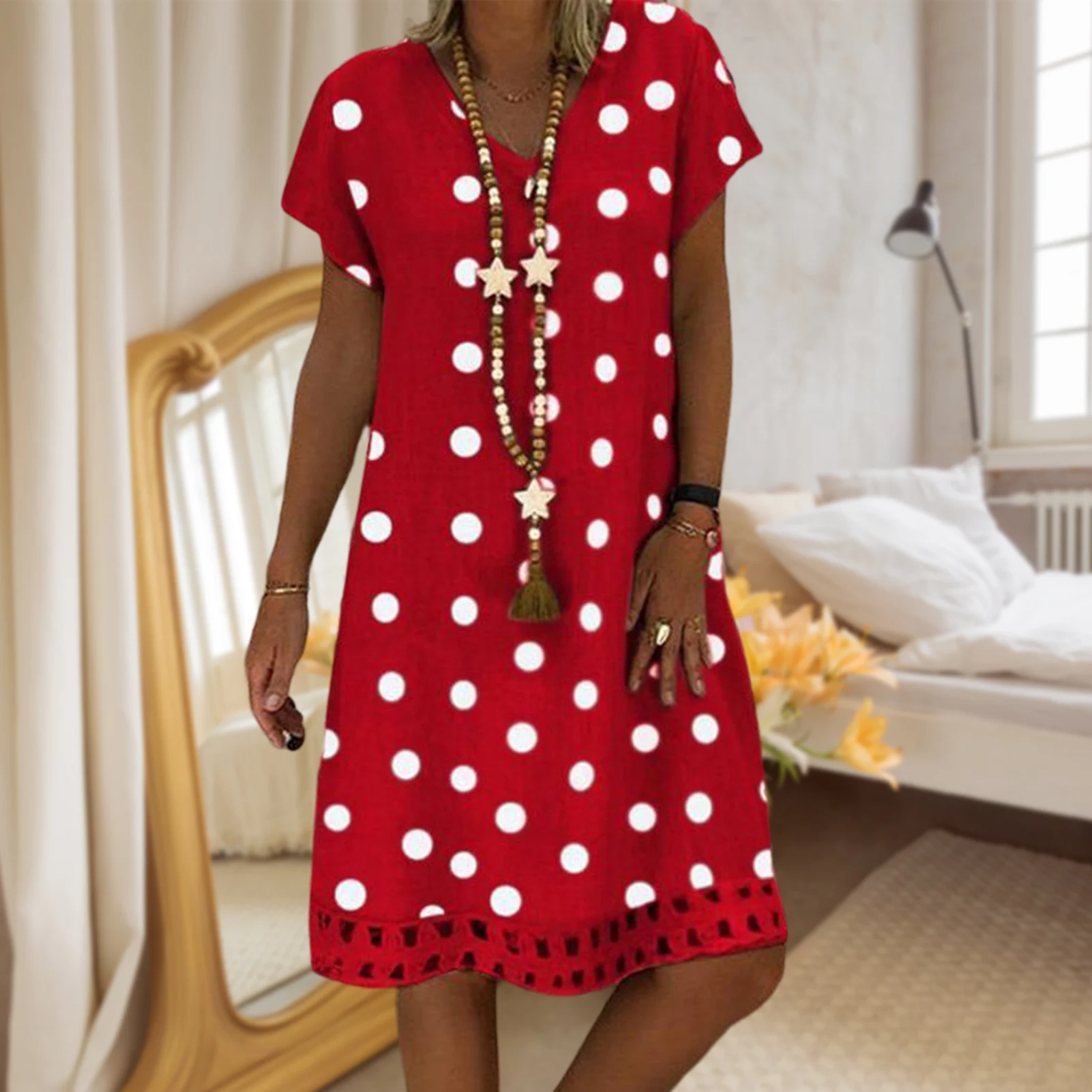 

Polka Dot Ladies Dress V Neck Women Sexy Beauty Dress Breathable Simple Casual Spring Summer Exquisite for Cocktail Party