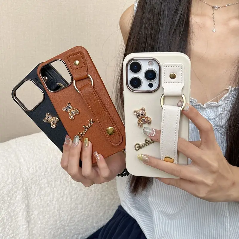 Charming Bear Leather Wrist Strap Phone Case - Soft Cover